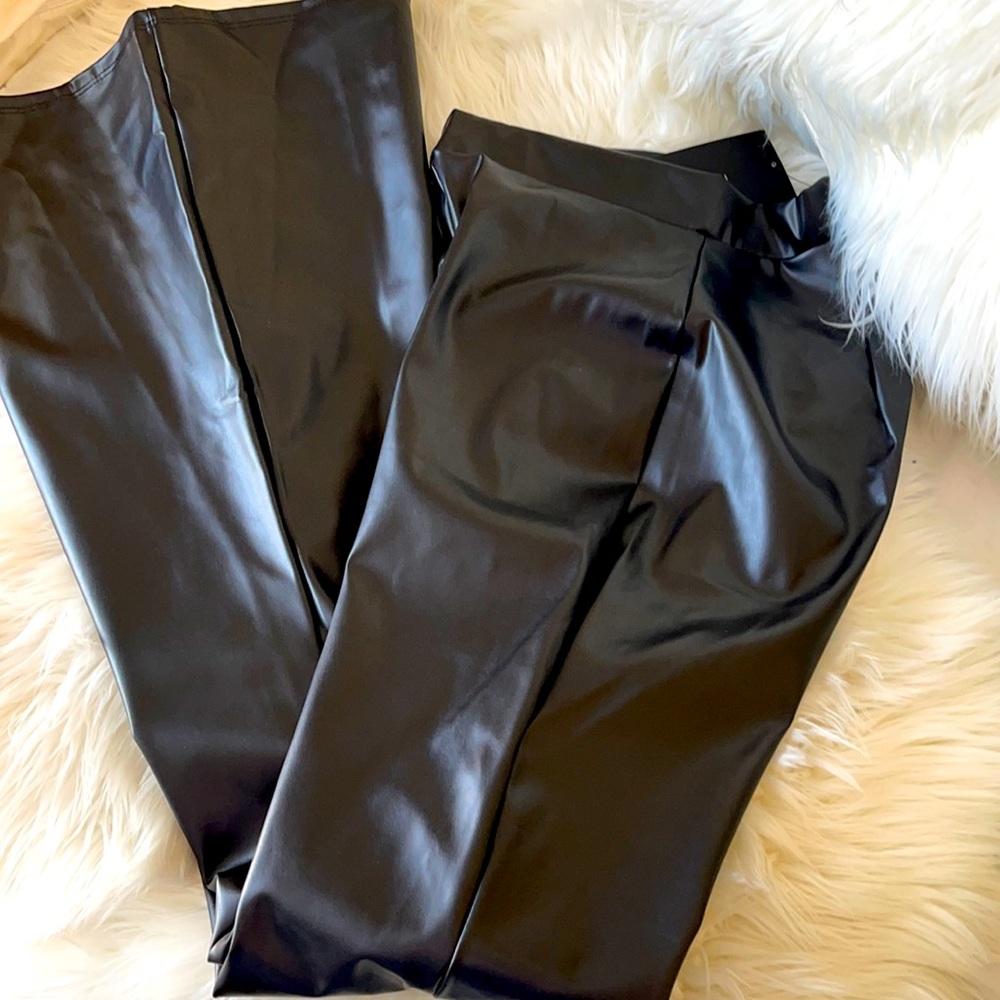 Black faux leather bell bottom pants